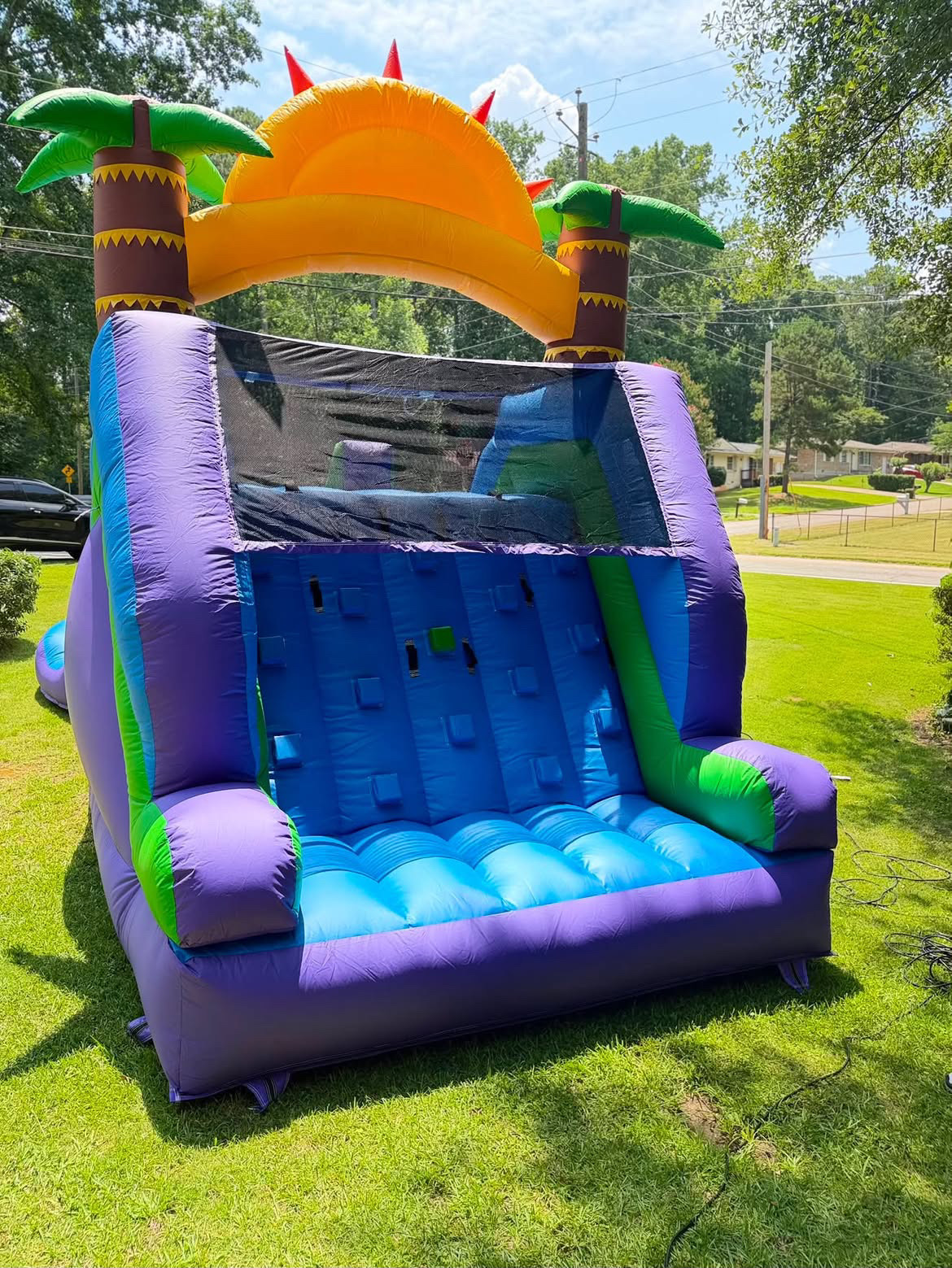 Tropical bounce house combo unit with palm trees and sun