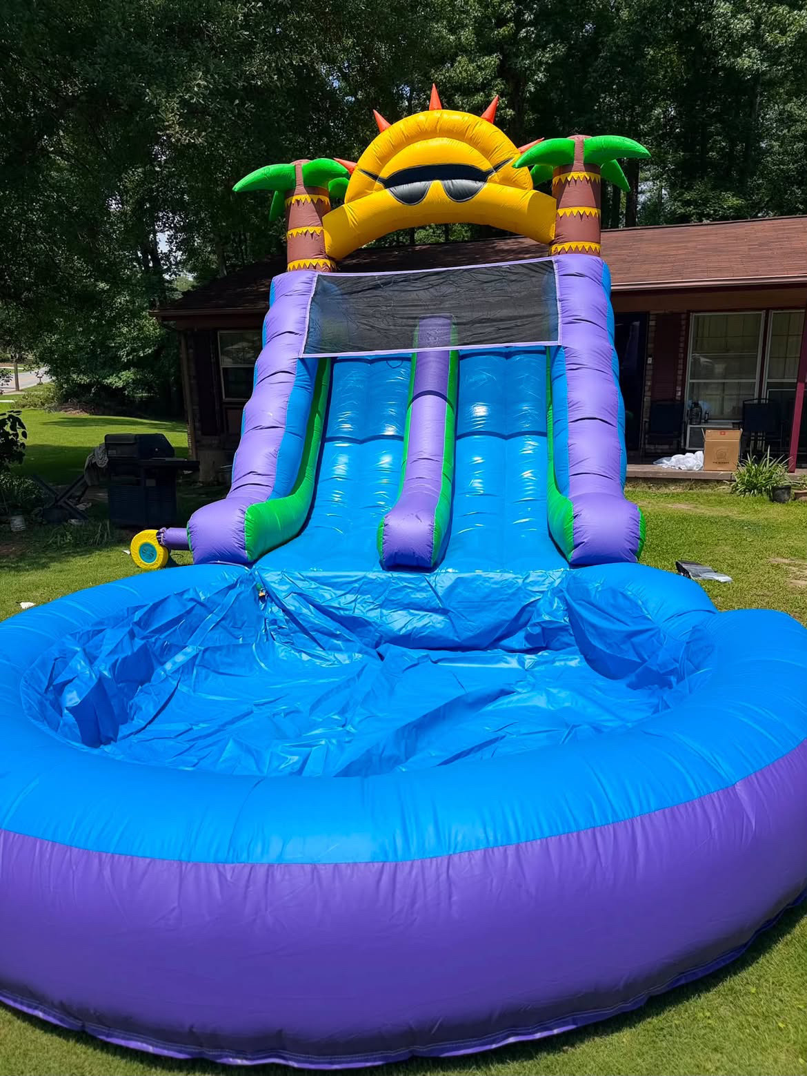 Tropical inflatable water slide with splash pool