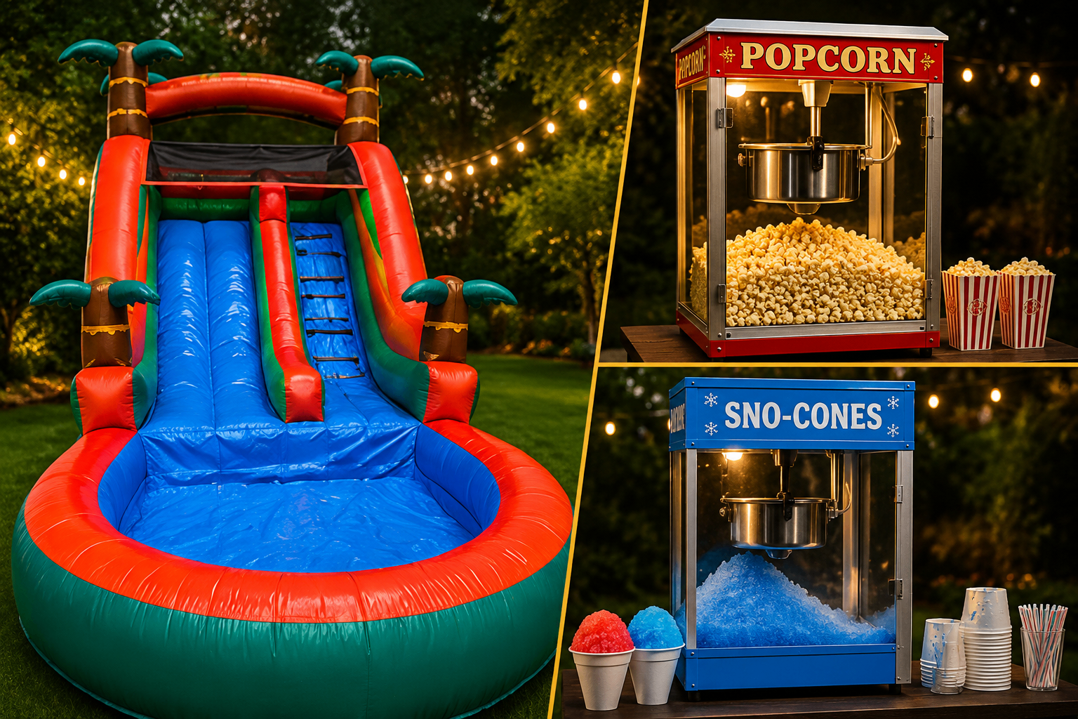 Ultimate party package with water slide, popcorn machine and snow cone machine